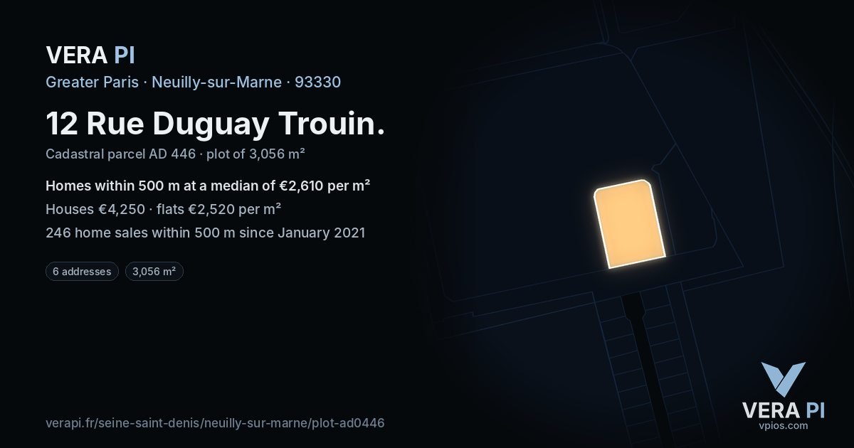 12 Rue Duguay Trouin, Neuilly-sur-Marne at night – the plot lit, the parcels around coloured by the prices near them