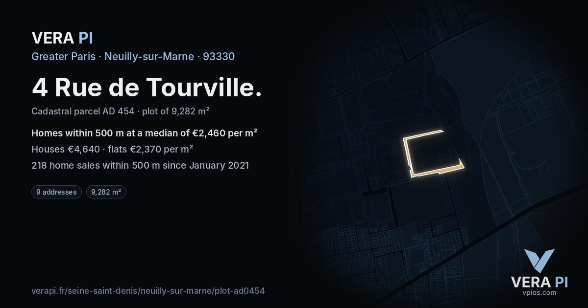 4 Rue de Tourville, Neuilly-sur-Marne at night – the plot lit, the parcels around coloured by the prices near them