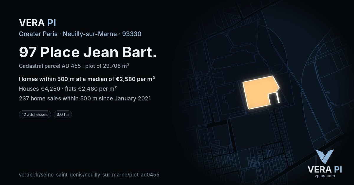 97 Place Jean Bart, Neuilly-sur-Marne at night – the plot lit, the parcels around coloured by the prices near them