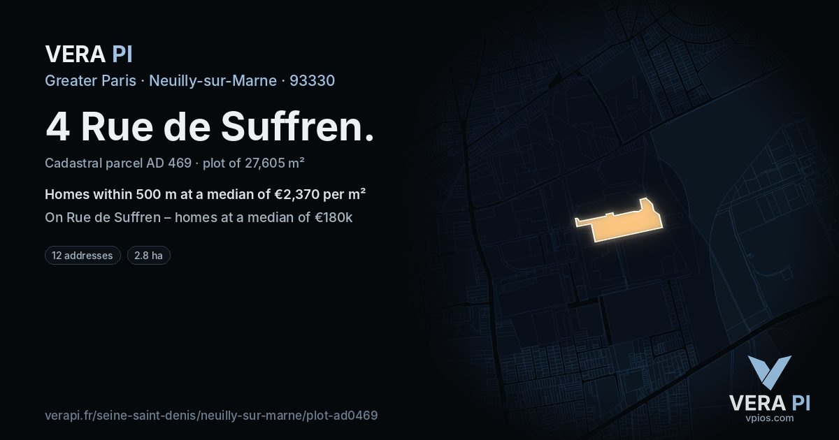 4 Rue de Suffren, Neuilly-sur-Marne at night – the plot lit, the parcels around coloured by the prices near them
