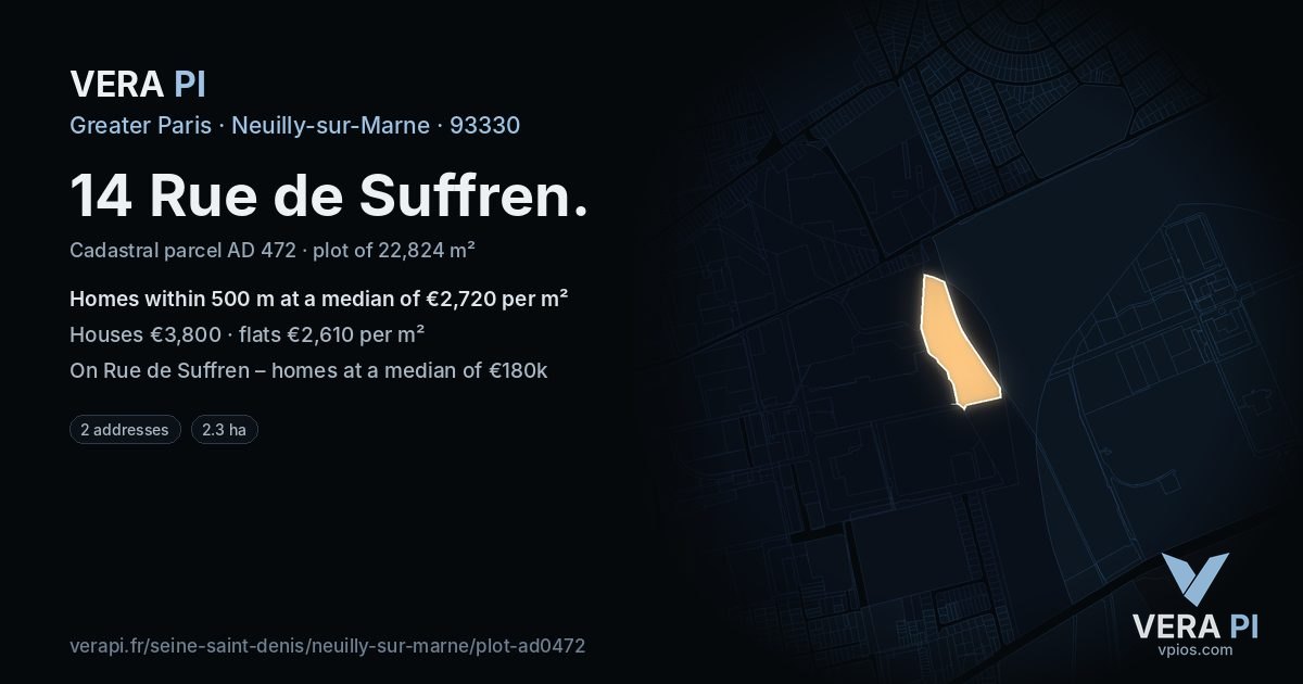 14 Rue de Suffren, Neuilly-sur-Marne at night – the plot lit, the parcels around coloured by the prices near them