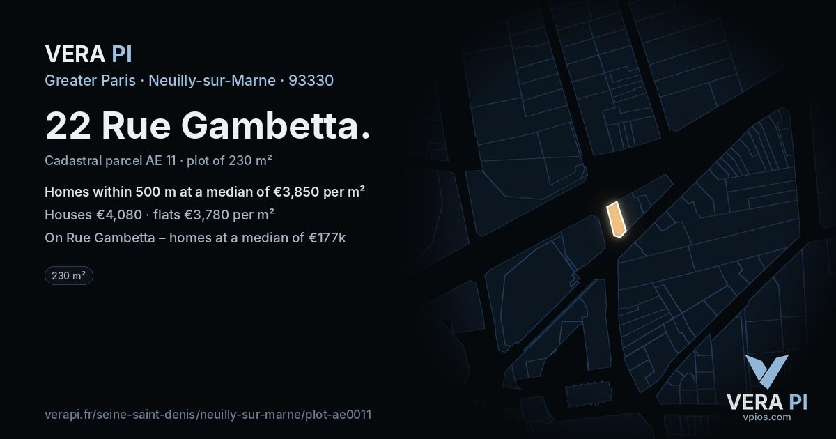 22 Rue Gambetta, Neuilly-sur-Marne at night – the plot lit, the parcels around coloured by the prices near them
