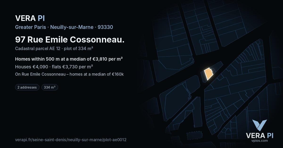 97 Rue Emile Cossonneau, Neuilly-sur-Marne at night – the plot lit, the parcels around coloured by the prices near them