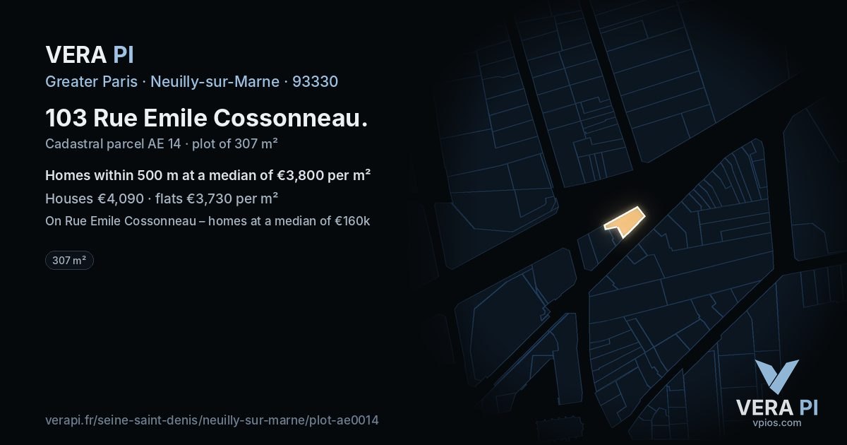103 Rue Emile Cossonneau, Neuilly-sur-Marne at night – the plot lit, the parcels around coloured by the prices near them
