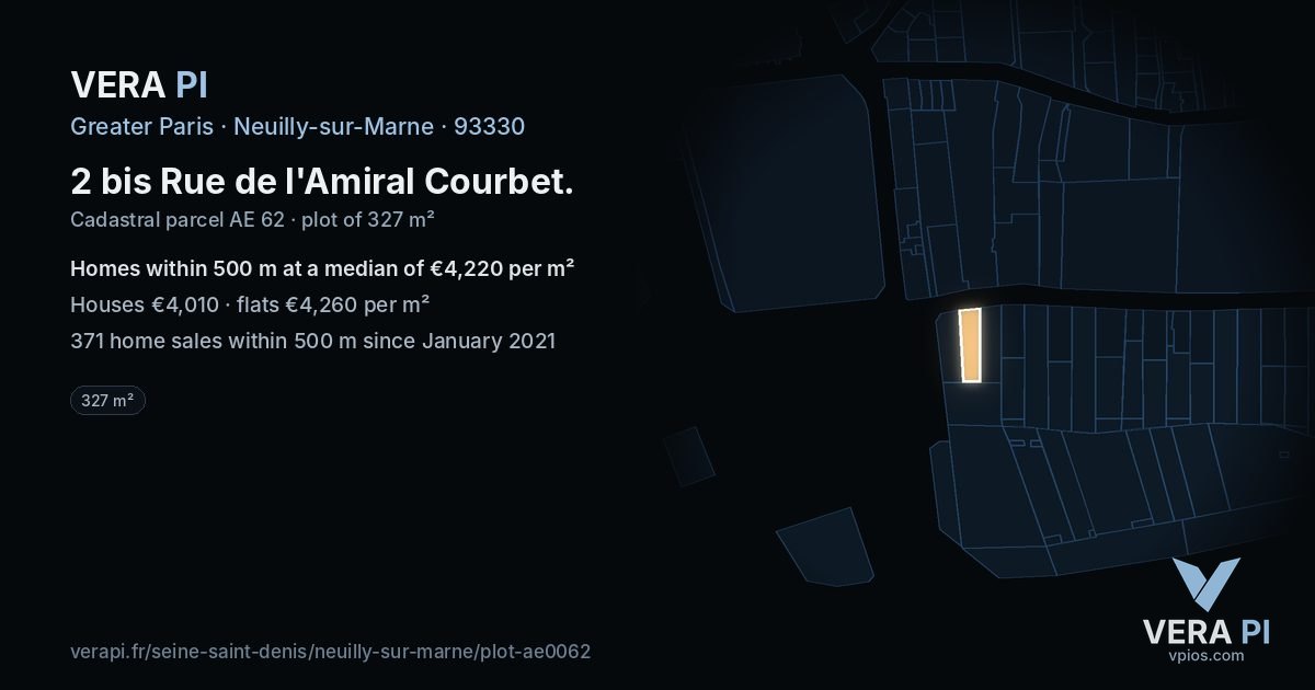 2 bis Rue de l'Amiral Courbet, Neuilly-sur-Marne at night – the plot lit, the parcels around coloured by the prices near them