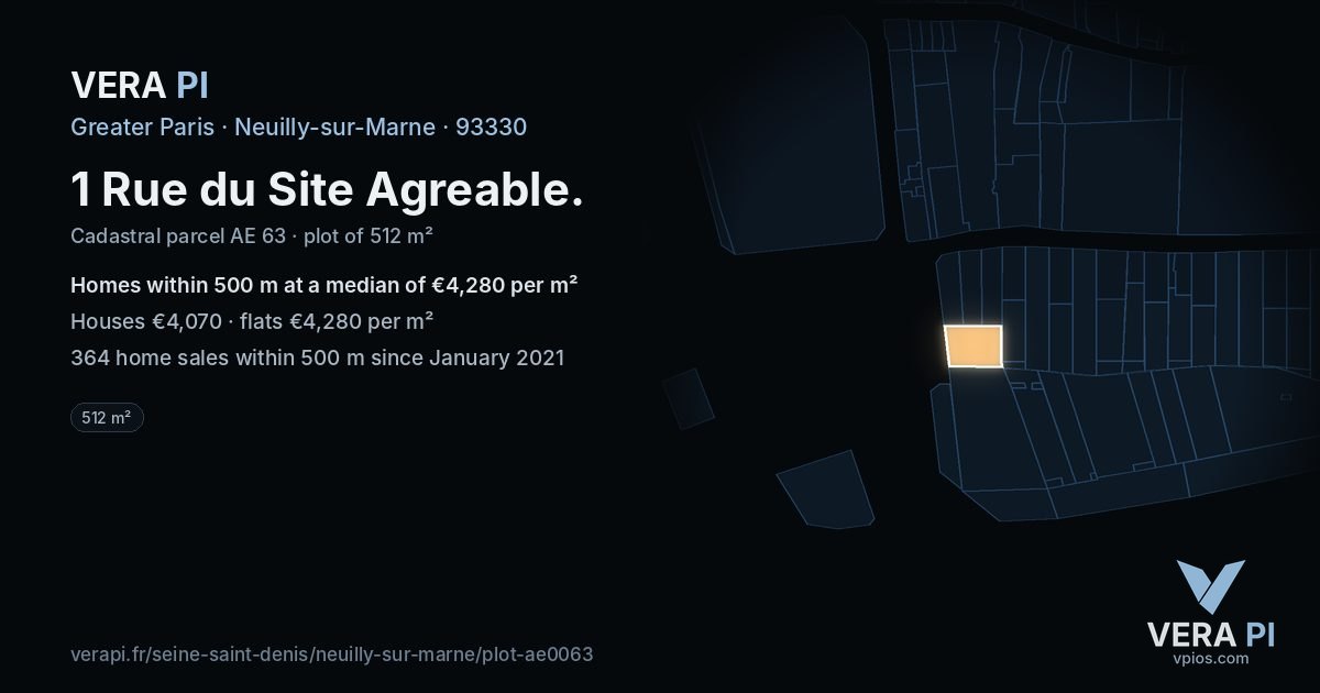 1 Rue du Site Agreable, Neuilly-sur-Marne at night – the plot lit, the parcels around coloured by the prices near them