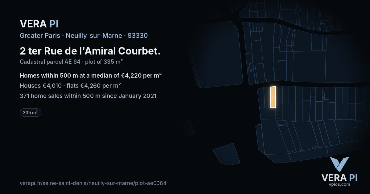 2 ter Rue de l'Amiral Courbet, Neuilly-sur-Marne at night – the plot lit, the parcels around coloured by the prices near them
