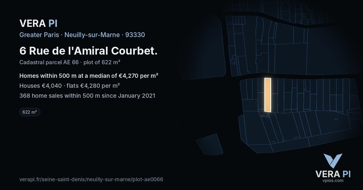 6 Rue de l'Amiral Courbet, Neuilly-sur-Marne at night – the plot lit, the parcels around coloured by the prices near them