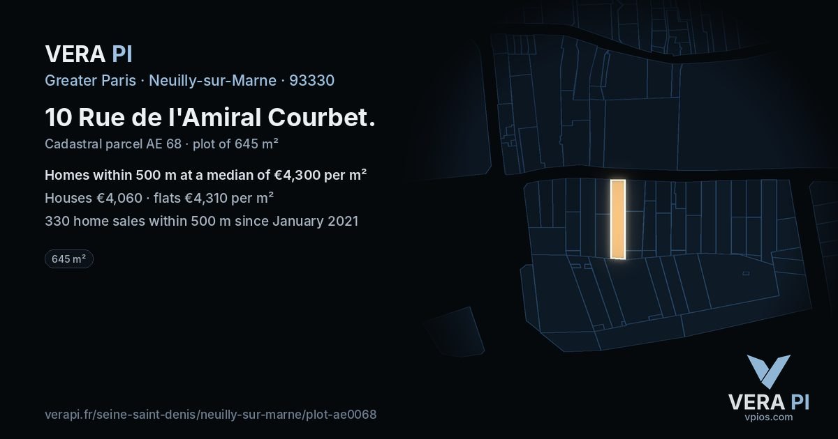 10 Rue de l'Amiral Courbet, Neuilly-sur-Marne at night – the plot lit, the parcels around coloured by the prices near them