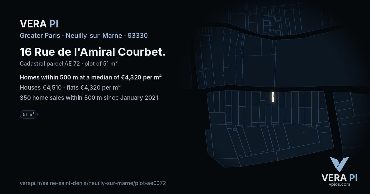 16 Rue de l'Amiral Courbet, Neuilly-sur-Marne at night – the plot lit, the parcels around coloured by the prices near them