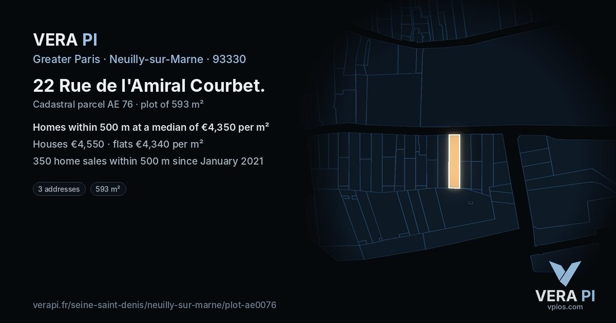 22 Rue de l'Amiral Courbet, Neuilly-sur-Marne at night – the plot lit, the parcels around coloured by the prices near them