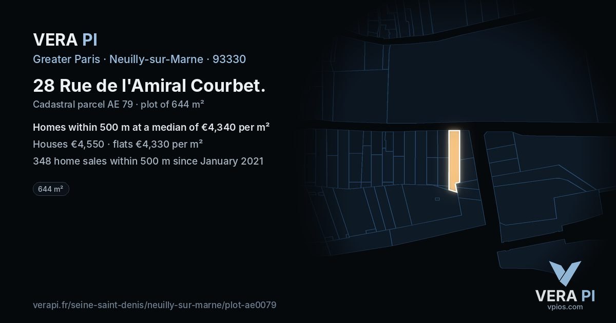 28 Rue de l'Amiral Courbet, Neuilly-sur-Marne at night – the plot lit, the parcels around coloured by the prices near them