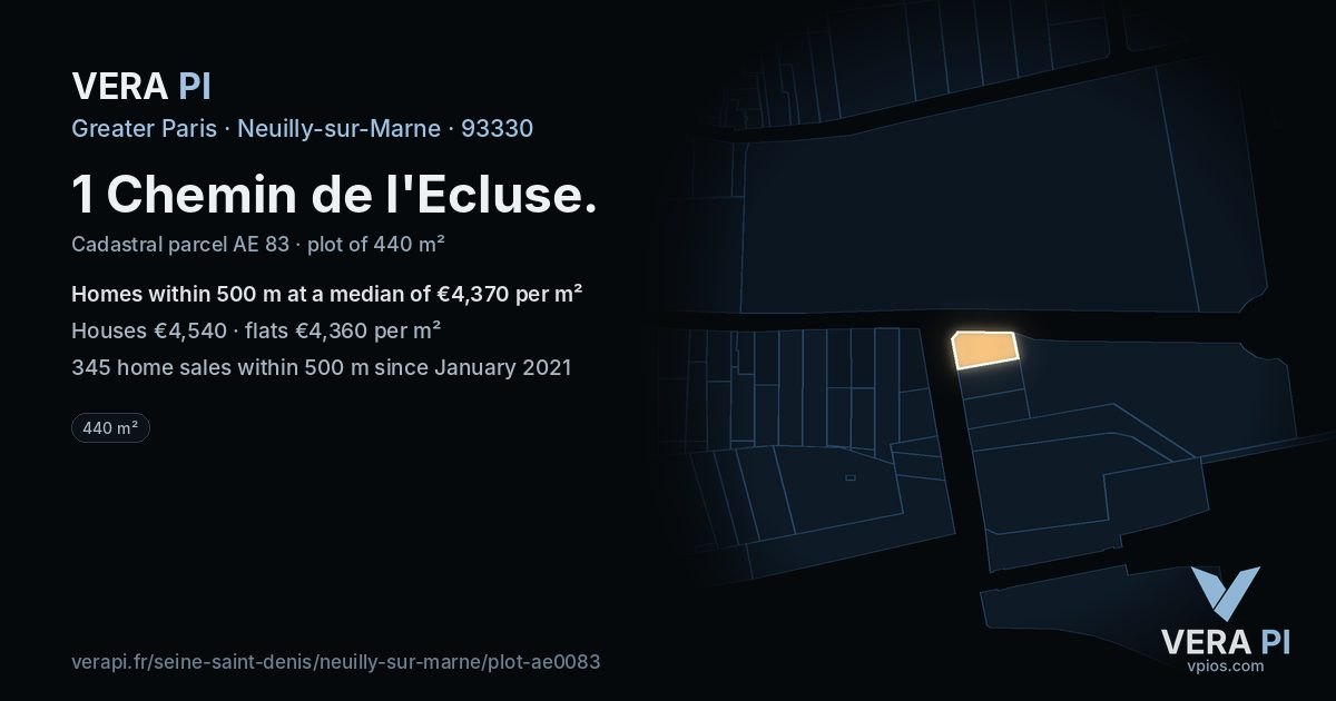 1 Chemin de l'Ecluse, Neuilly-sur-Marne at night – the plot lit, the parcels around coloured by the prices near them
