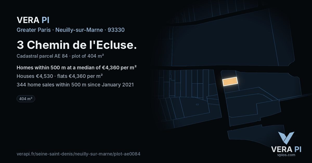 3 Chemin de l'Ecluse, Neuilly-sur-Marne at night – the plot lit, the parcels around coloured by the prices near them
