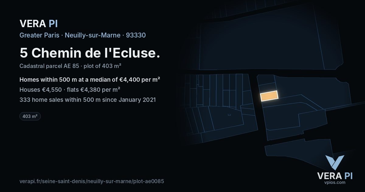 5 Chemin de l'Ecluse, Neuilly-sur-Marne at night – the plot lit, the parcels around coloured by the prices near them