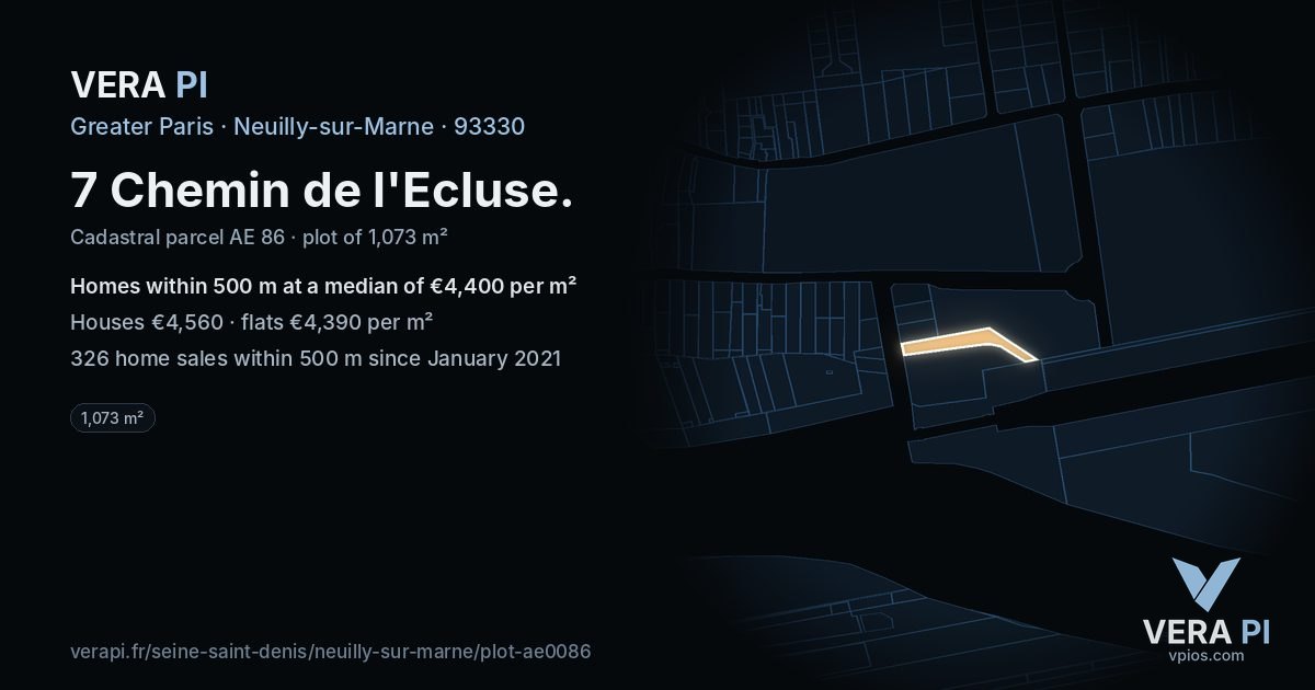 7 Chemin de l'Ecluse, Neuilly-sur-Marne at night – the plot lit, the parcels around coloured by the prices near them