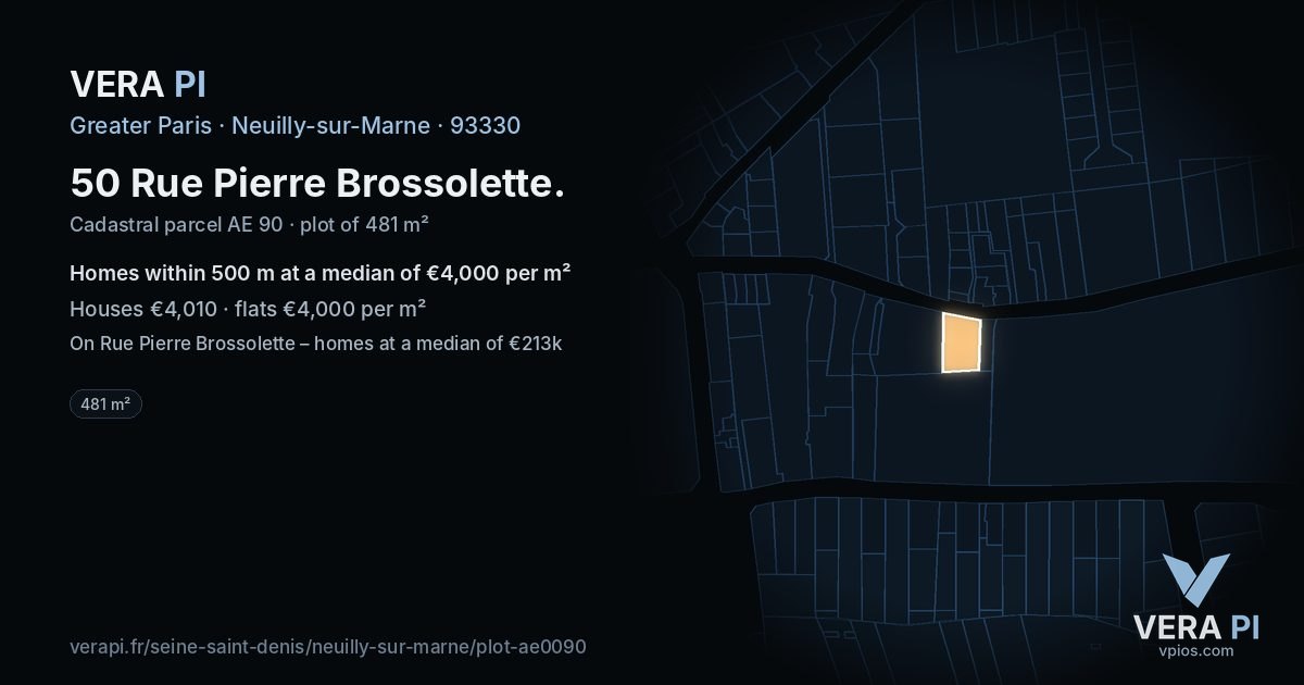 50 Rue Pierre Brossolette, Neuilly-sur-Marne at night – the plot lit, the parcels around coloured by the prices near them