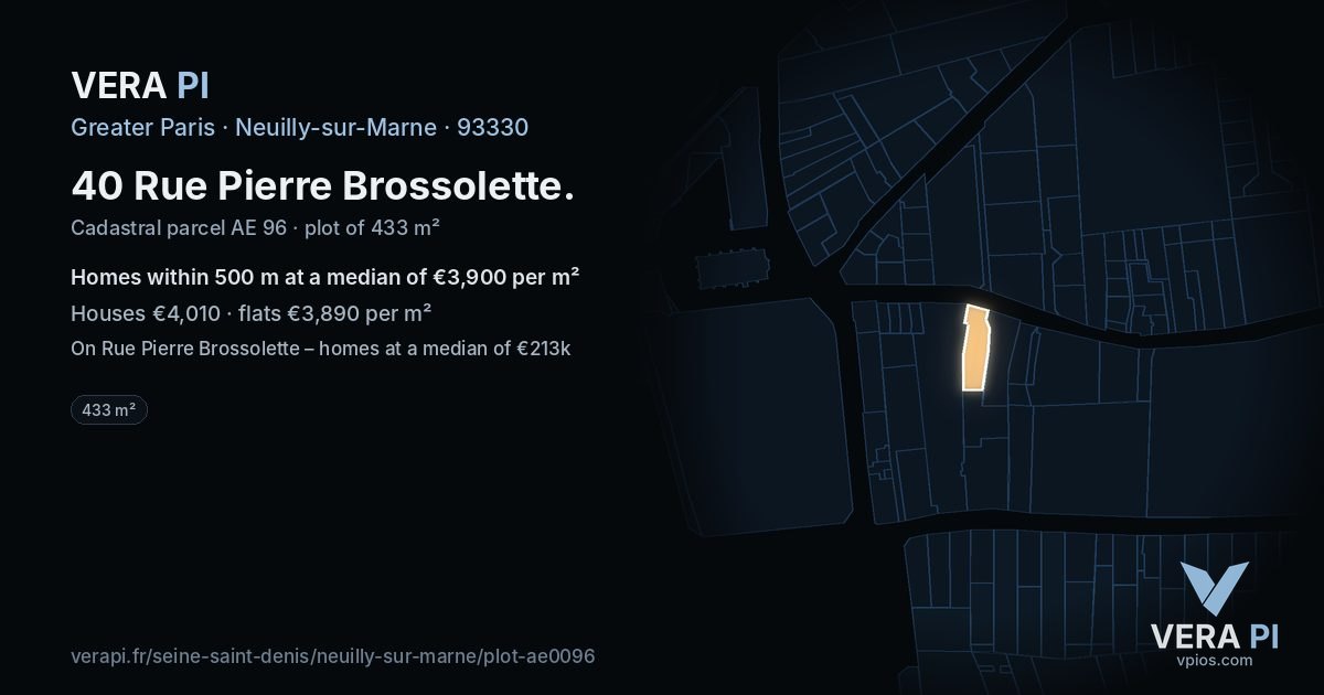 40 Rue Pierre Brossolette, Neuilly-sur-Marne at night – the plot lit, the parcels around coloured by the prices near them