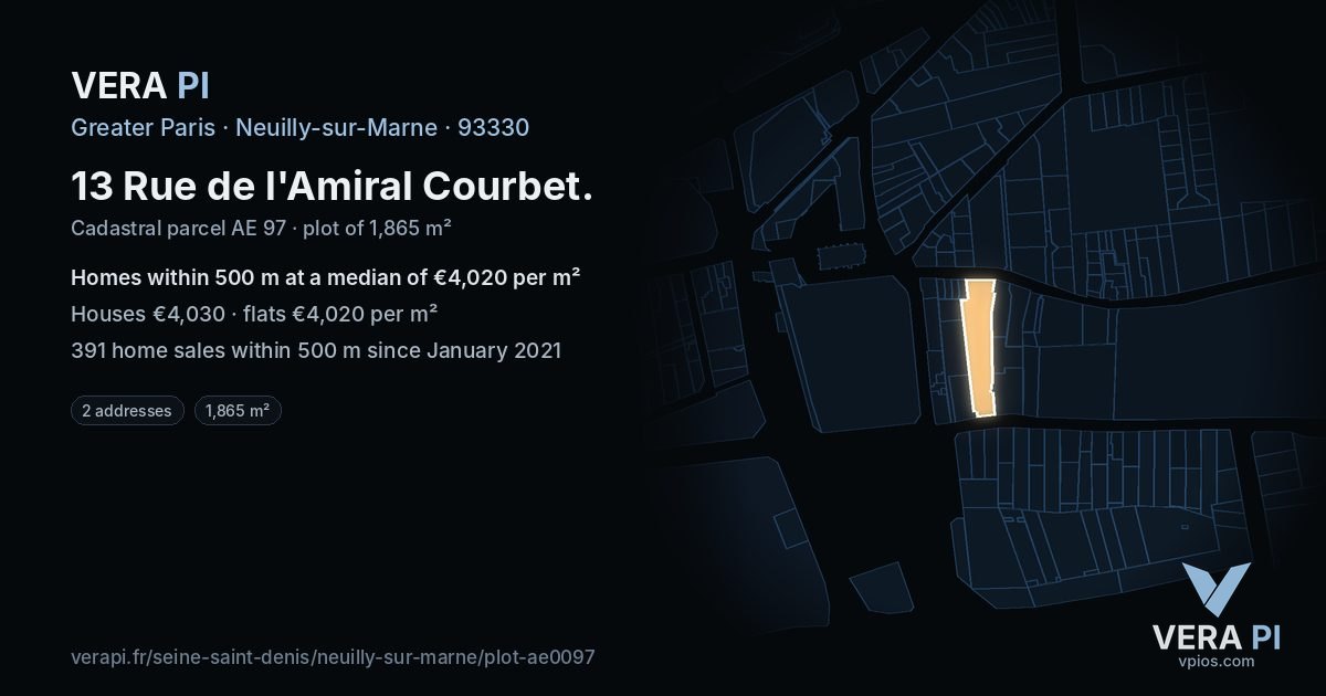 13 Rue de l'Amiral Courbet, Neuilly-sur-Marne at night – the plot lit, the parcels around coloured by the prices near them