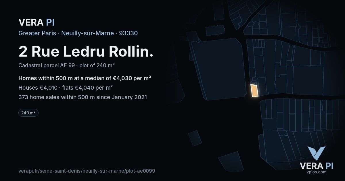 2 Rue Ledru Rollin, Neuilly-sur-Marne at night – the plot lit, the parcels around coloured by the prices near them