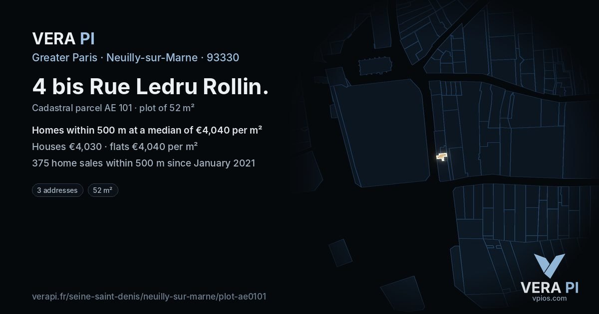 4 bis Rue Ledru Rollin, Neuilly-sur-Marne at night – the plot lit, the parcels around coloured by the prices near them
