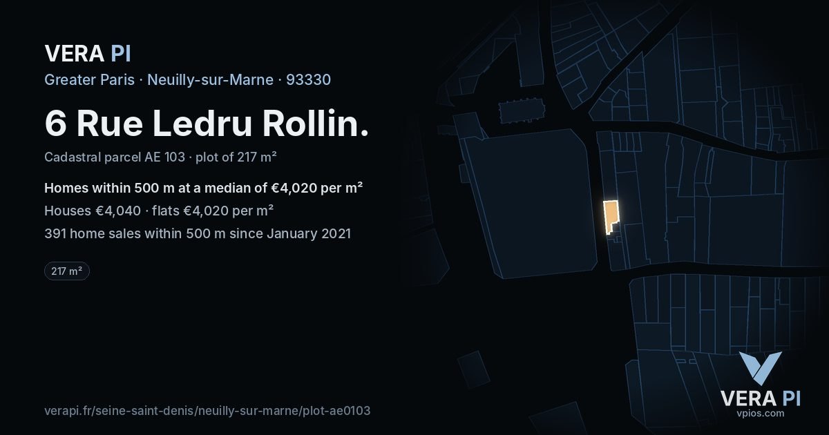 6 Rue Ledru Rollin, Neuilly-sur-Marne at night – the plot lit, the parcels around coloured by the prices near them