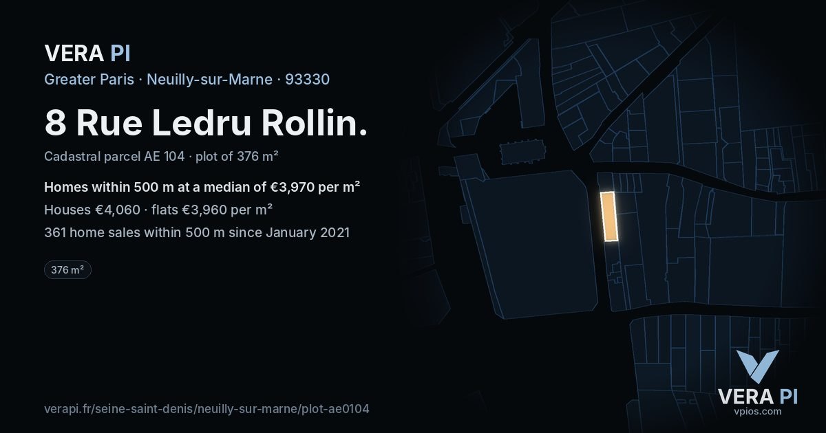 8 Rue Ledru Rollin, Neuilly-sur-Marne at night – the plot lit, the parcels around coloured by the prices near them