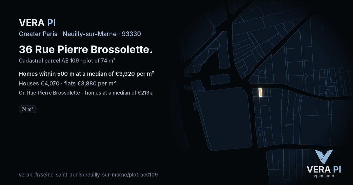 36 Rue Pierre Brossolette, Neuilly-sur-Marne at night – the plot lit, the parcels around coloured by the prices near them