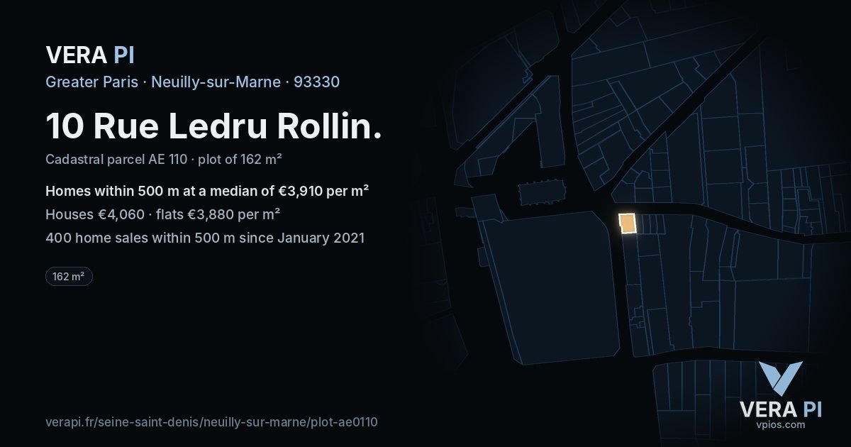 10 Rue Ledru Rollin, Neuilly-sur-Marne at night – the plot lit, the parcels around coloured by the prices near them
