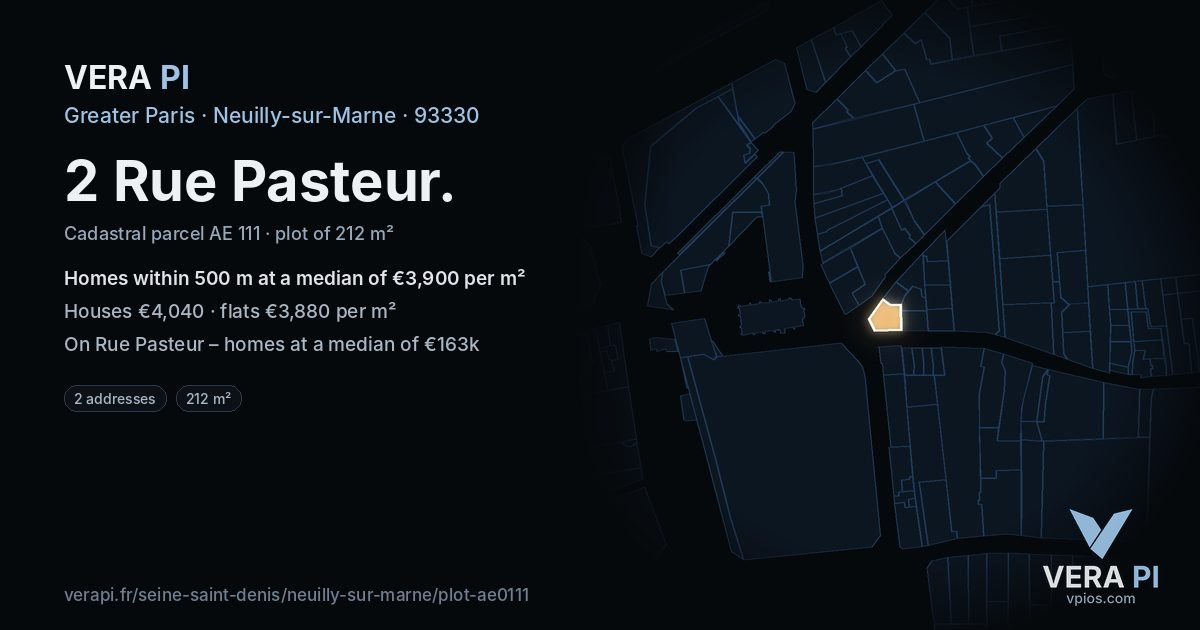 2 Rue Pasteur, Neuilly-sur-Marne at night – the plot lit, the parcels around coloured by the prices near them
