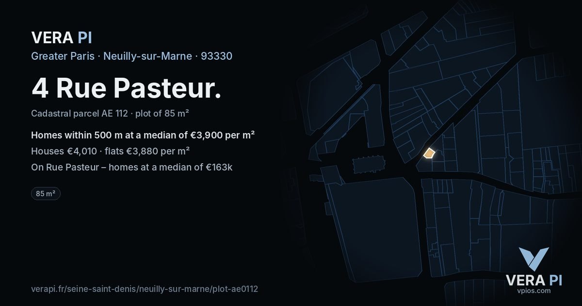 4 Rue Pasteur, Neuilly-sur-Marne at night – the plot lit, the parcels around coloured by the prices near them