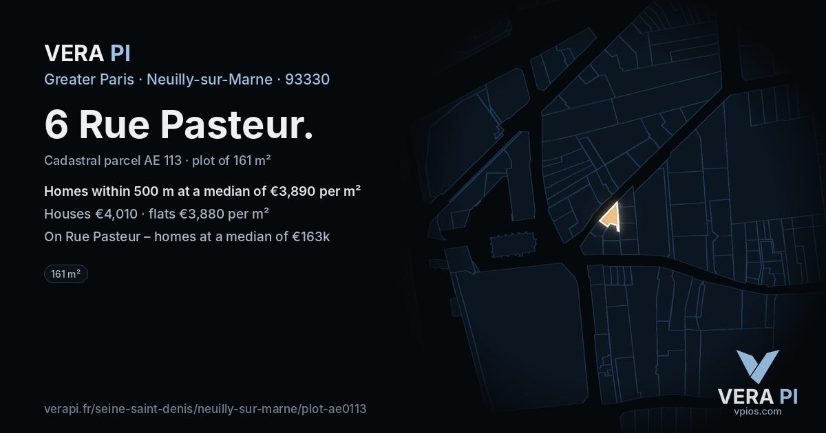 6 Rue Pasteur, Neuilly-sur-Marne at night – the plot lit, the parcels around coloured by the prices near them