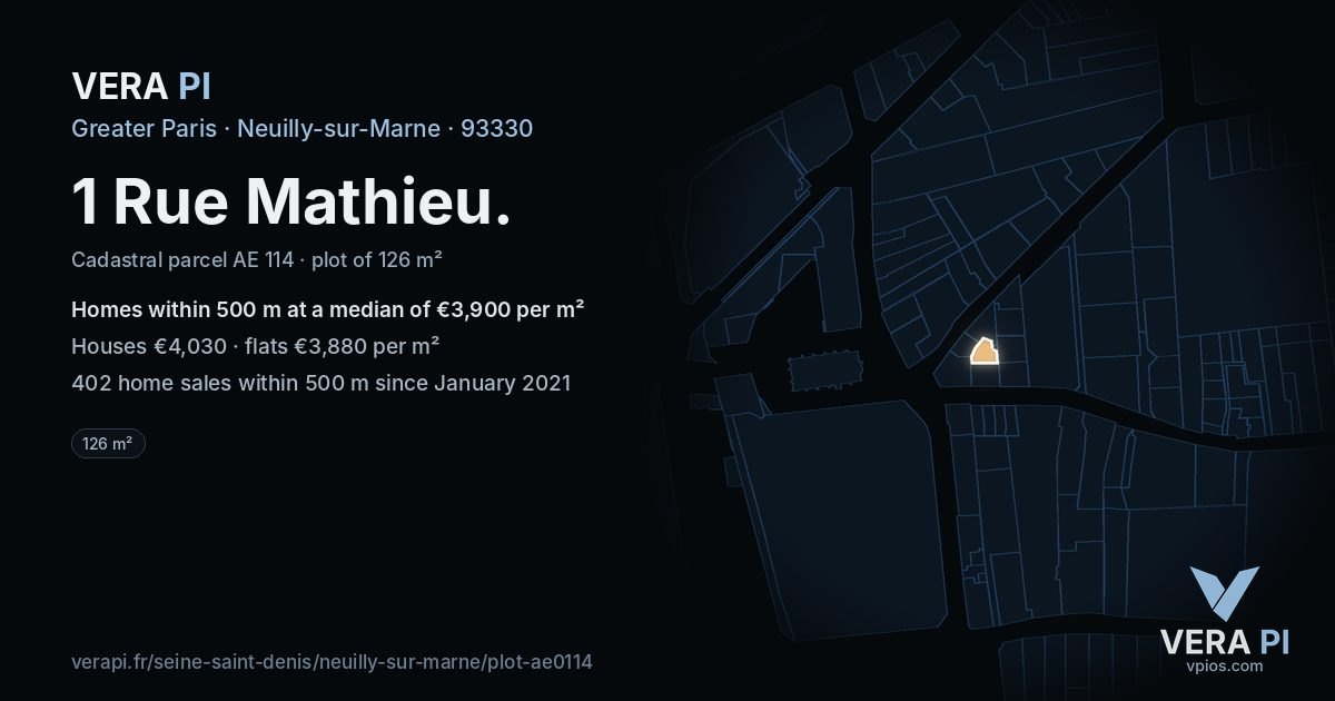 1 Rue Mathieu, Neuilly-sur-Marne at night – the plot lit, the parcels around coloured by the prices near them