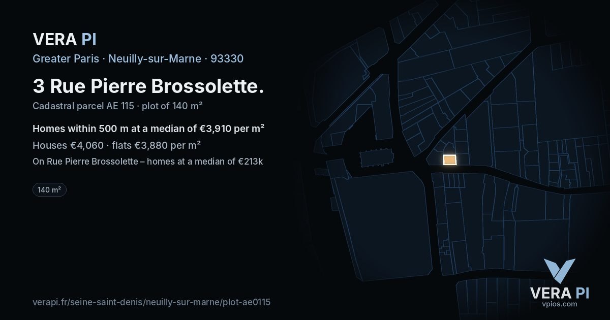 3 Rue Pierre Brossolette, Neuilly-sur-Marne at night – the plot lit, the parcels around coloured by the prices near them