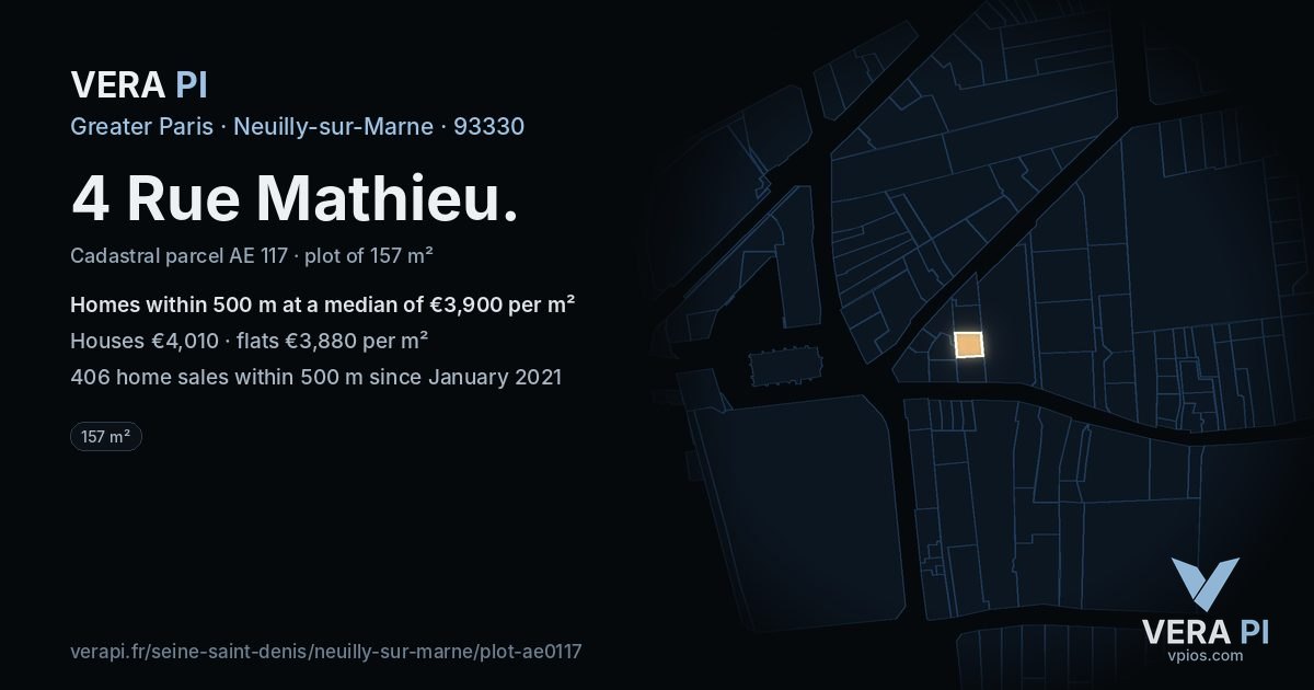 4 Rue Mathieu, Neuilly-sur-Marne at night – the plot lit, the parcels around coloured by the prices near them