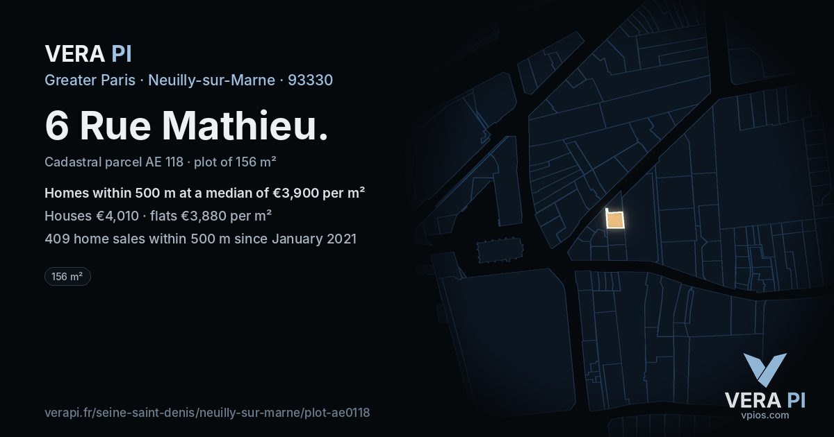 6 Rue Mathieu, Neuilly-sur-Marne at night – the plot lit, the parcels around coloured by the prices near them