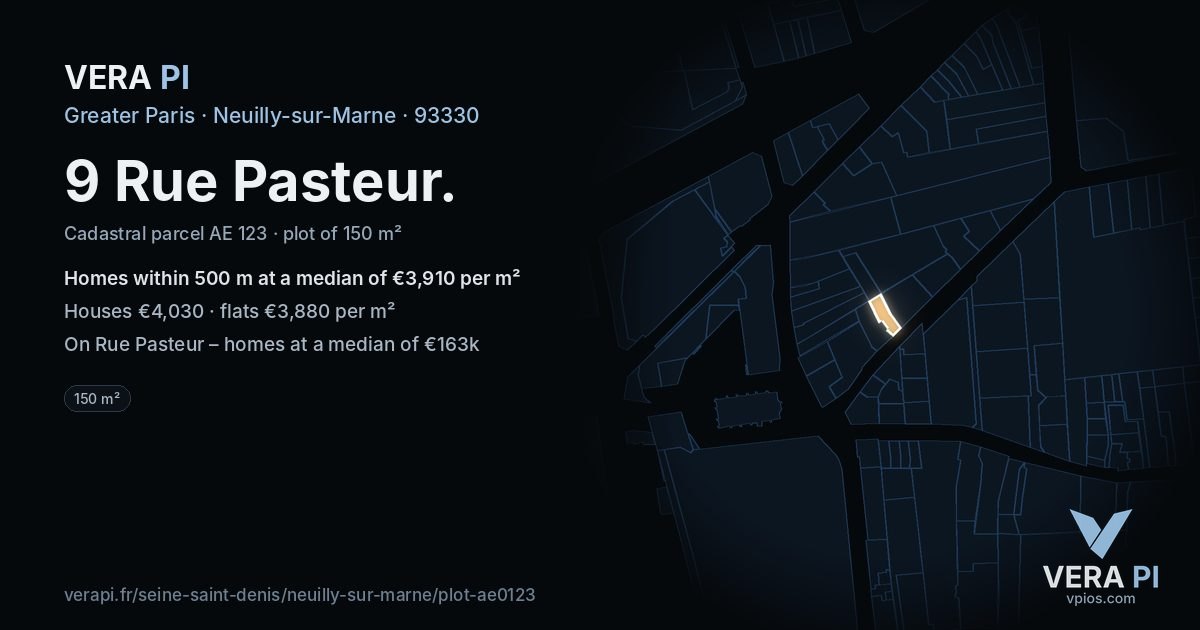 9 Rue Pasteur, Neuilly-sur-Marne at night – the plot lit, the parcels around coloured by the prices near them