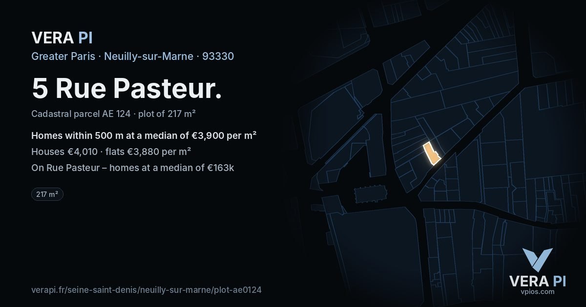 5 Rue Pasteur, Neuilly-sur-Marne at night – the plot lit, the parcels around coloured by the prices near them