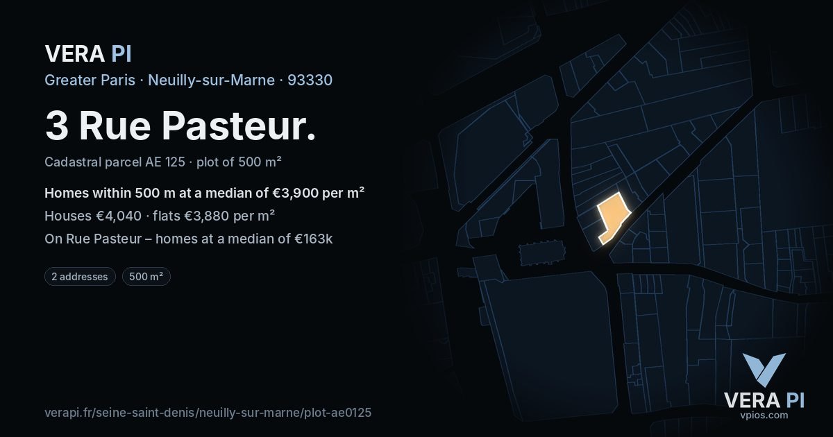 3 Rue Pasteur, Neuilly-sur-Marne at night – the plot lit, the parcels around coloured by the prices near them