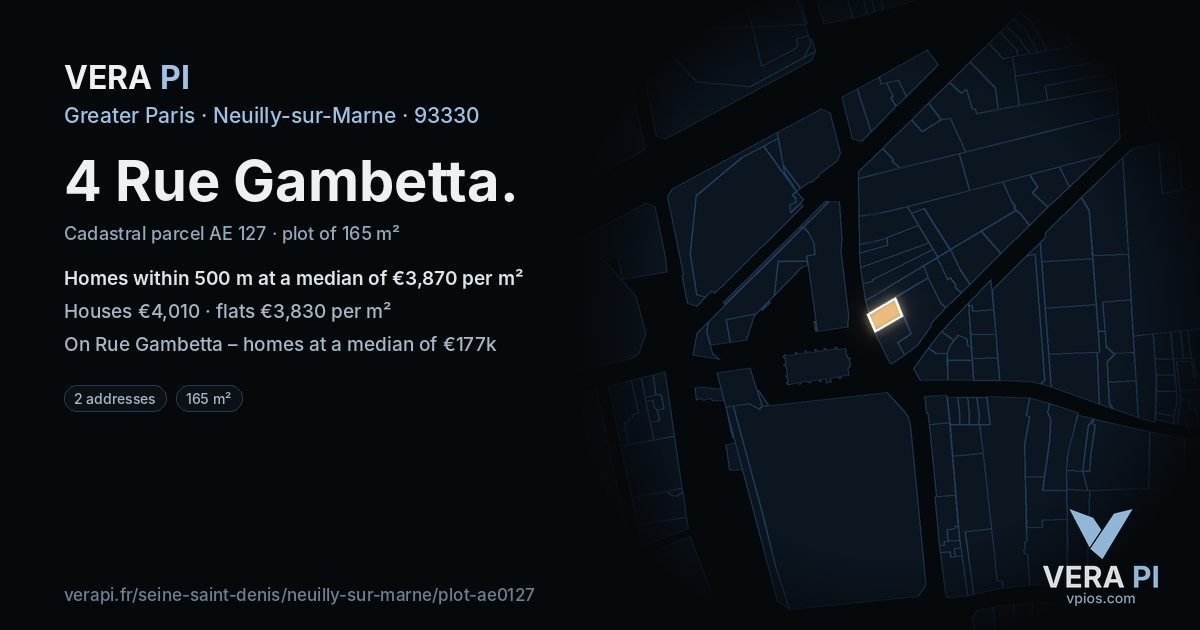 4 Rue Gambetta, Neuilly-sur-Marne at night – the plot lit, the parcels around coloured by the prices near them