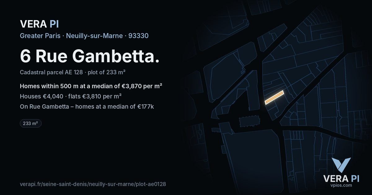 6 Rue Gambetta, Neuilly-sur-Marne at night – the plot lit, the parcels around coloured by the prices near them