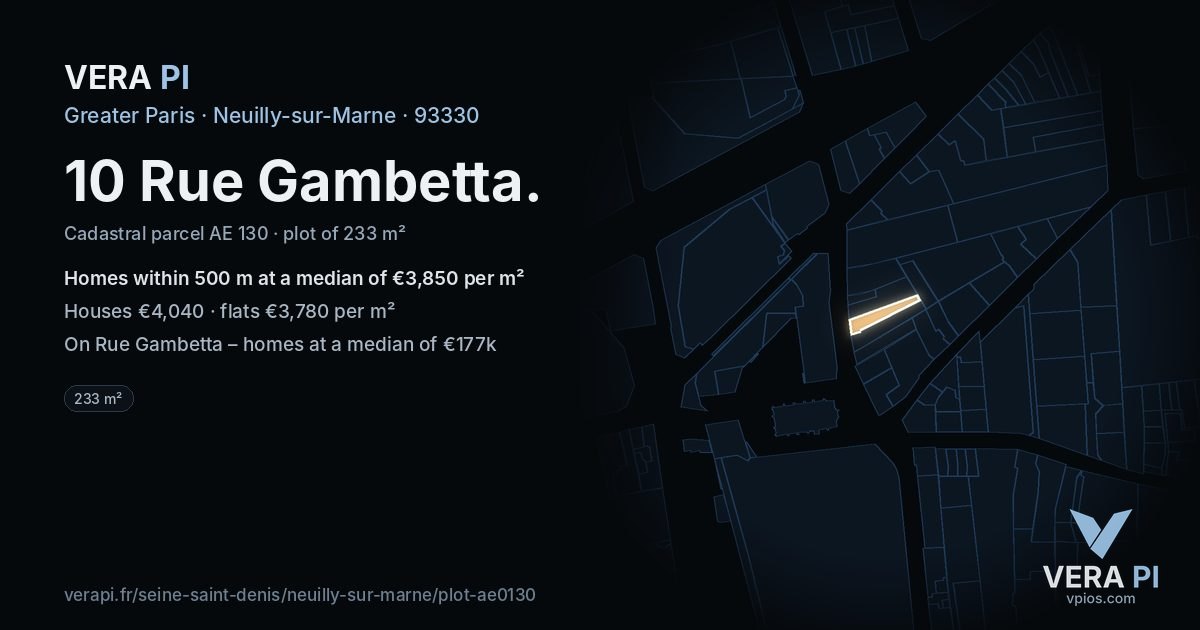 10 Rue Gambetta, Neuilly-sur-Marne at night – the plot lit, the parcels around coloured by the prices near them