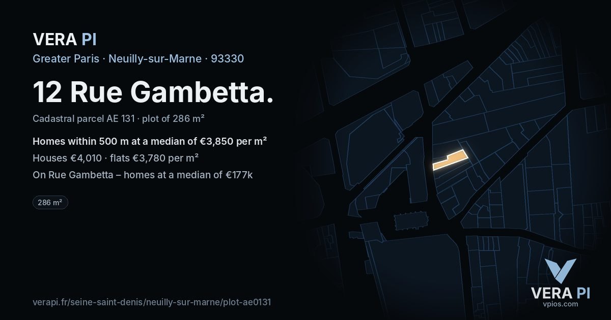 12 Rue Gambetta, Neuilly-sur-Marne at night – the plot lit, the parcels around coloured by the prices near them
