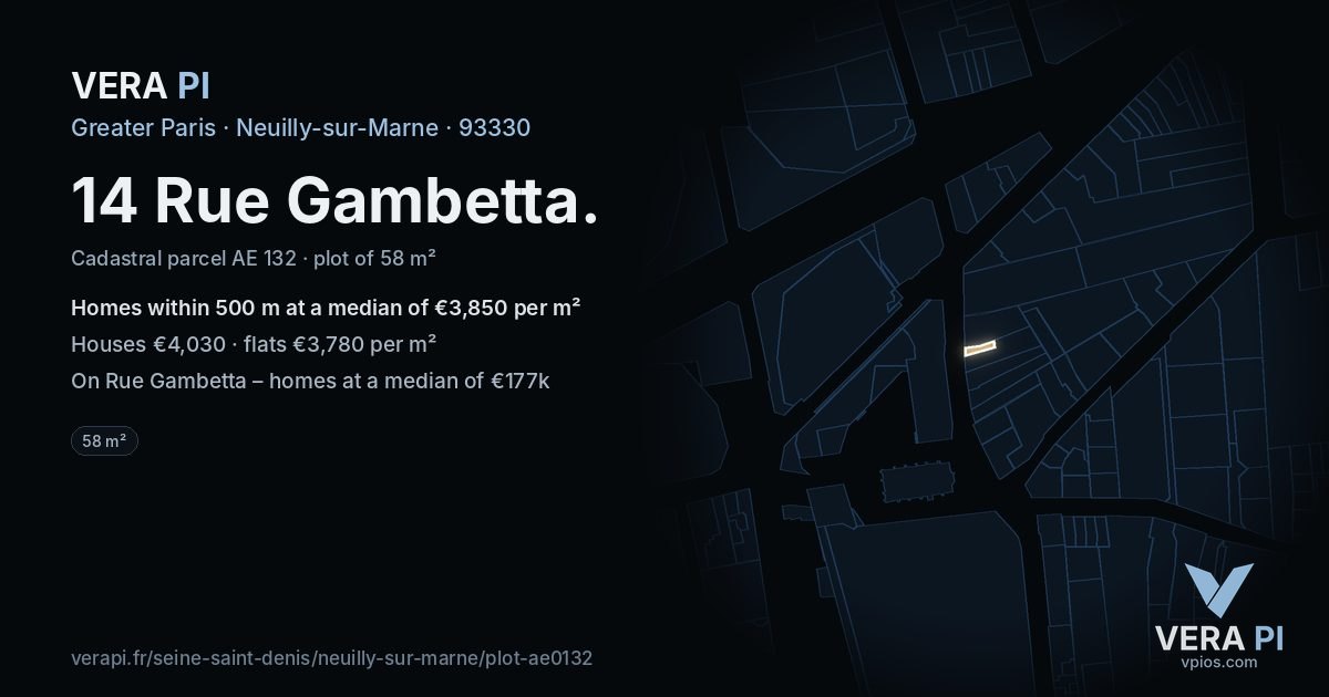 14 Rue Gambetta, Neuilly-sur-Marne at night – the plot lit, the parcels around coloured by the prices near them
