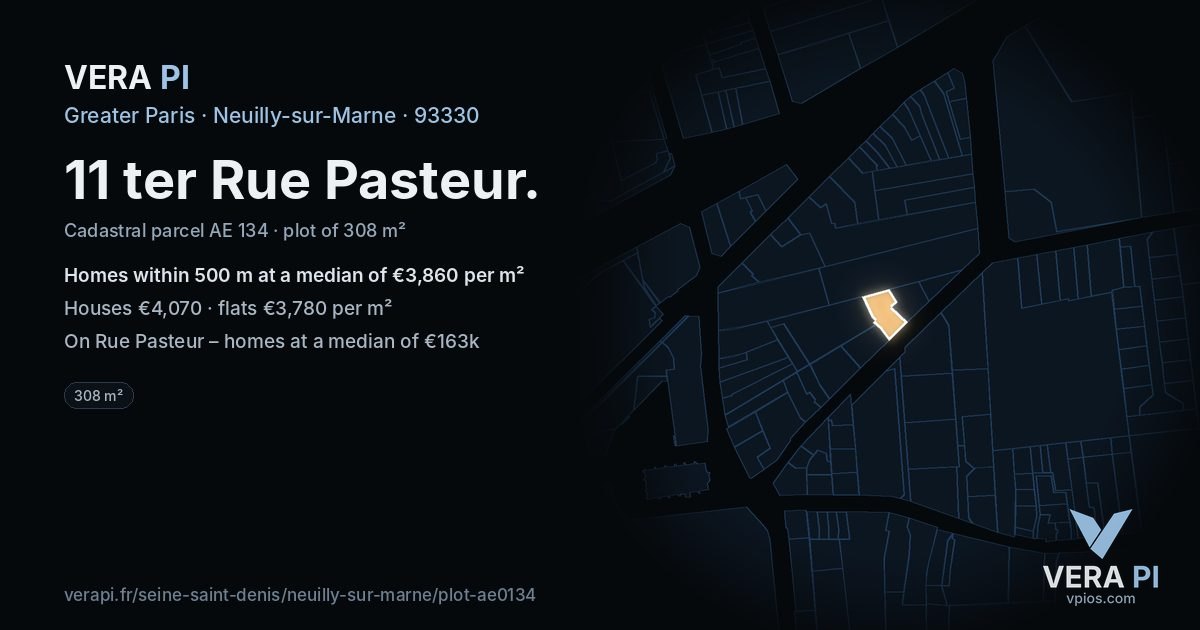 11 ter Rue Pasteur, Neuilly-sur-Marne at night – the plot lit, the parcels around coloured by the prices near them