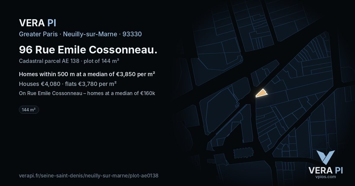 96 Rue Emile Cossonneau, Neuilly-sur-Marne at night – the plot lit, the parcels around coloured by the prices near them