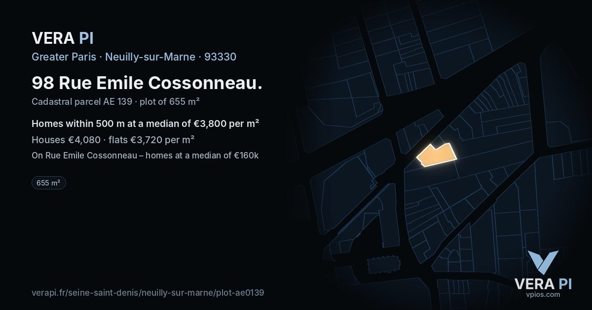 98 Rue Emile Cossonneau, Neuilly-sur-Marne at night – the plot lit, the parcels around coloured by the prices near them