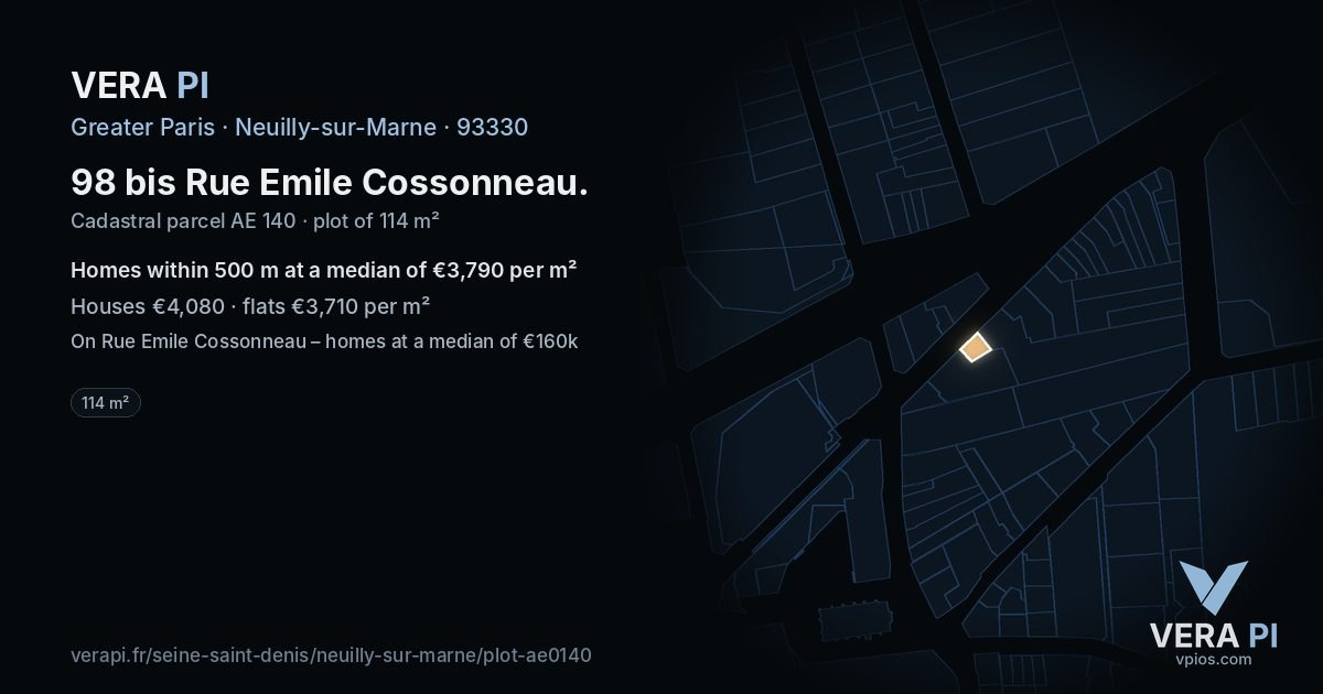 98 bis Rue Emile Cossonneau, Neuilly-sur-Marne at night – the plot lit, the parcels around coloured by the prices near them