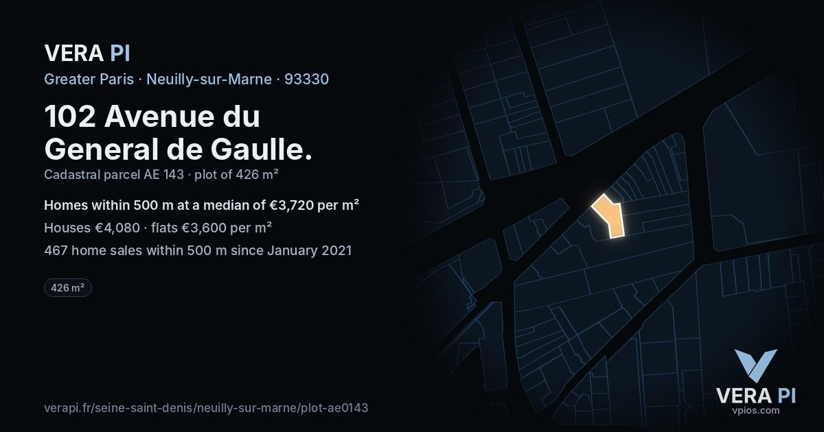 102 Avenue du General de Gaulle, Neuilly-sur-Marne at night – the plot lit, the parcels around coloured by the prices near them