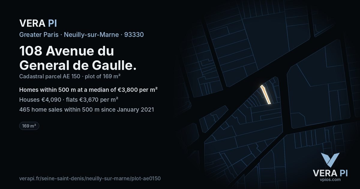 108 Avenue du General de Gaulle, Neuilly-sur-Marne at night – the plot lit, the parcels around coloured by the prices near them